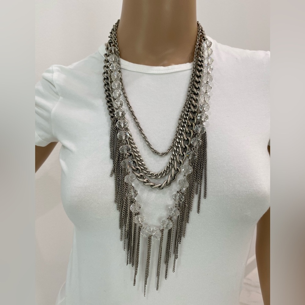 NWOT RJ Graziano Multi-Strand Silvertone Necklace with Fringe and Crystal Beads